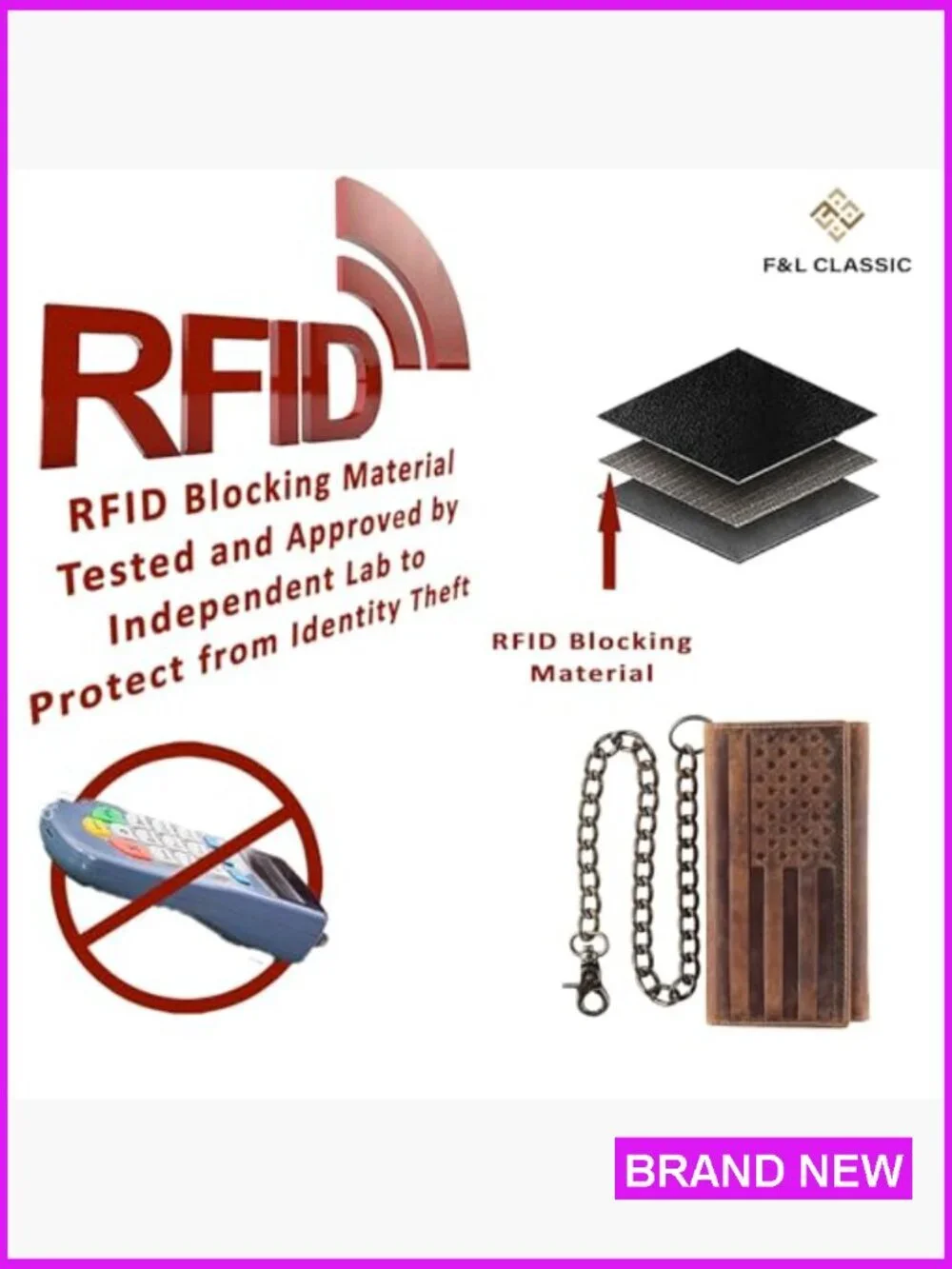 Men's Tri-Fold Leather Wallet RFID Blocking Chain Casual Classic Biker Style